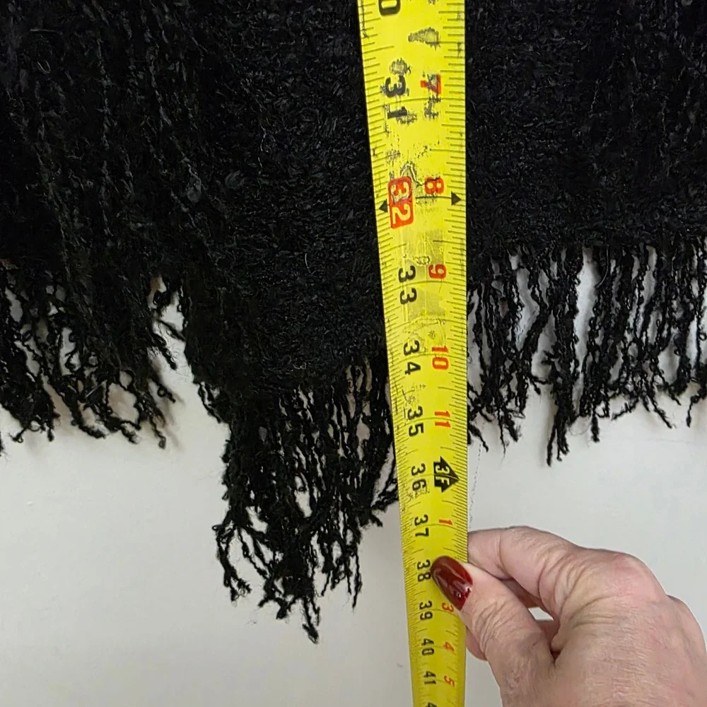 GIZEL Black Textured Knit Fringe Poncho Cape Cardigan Coat Warm‎